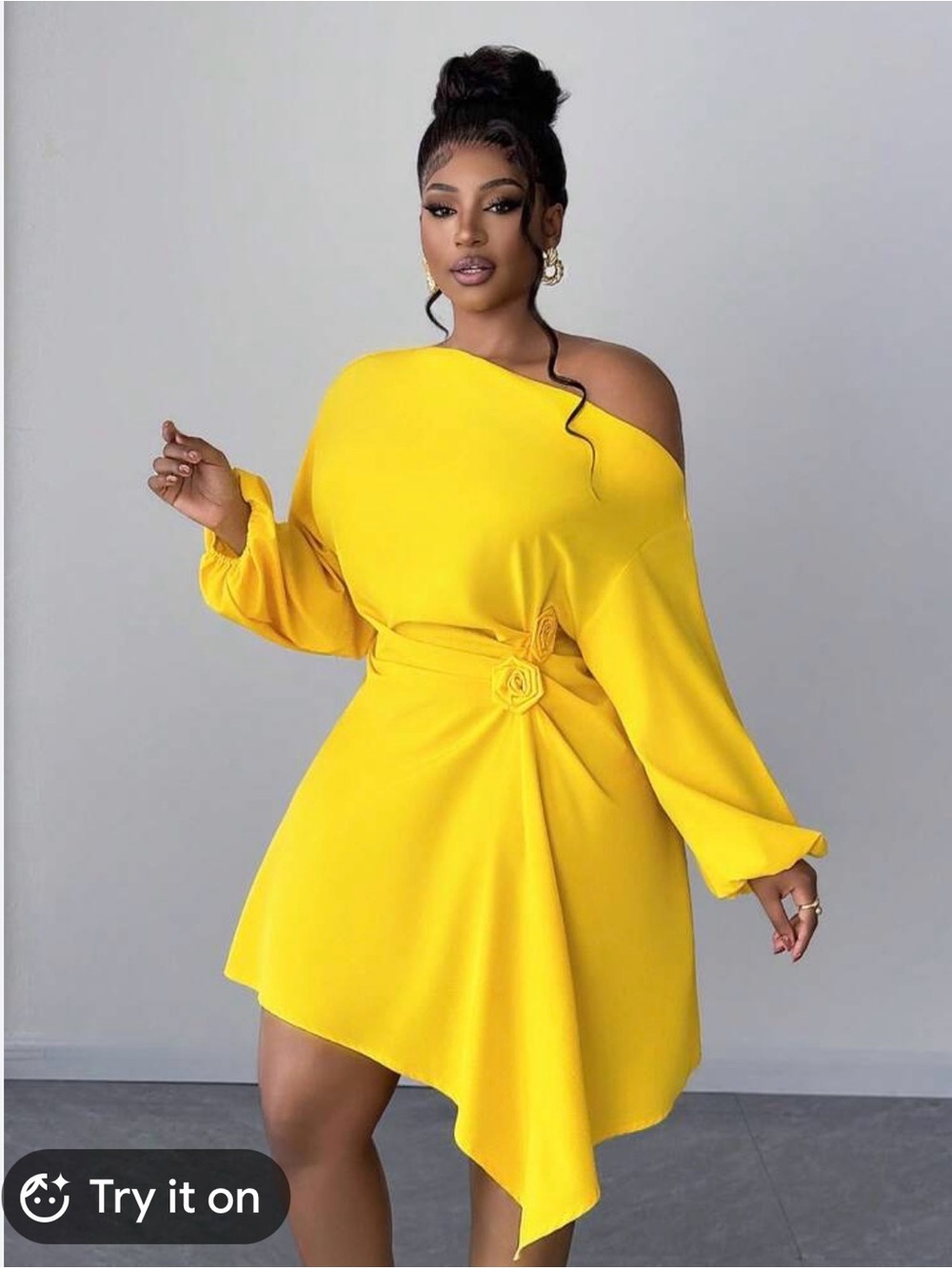 SHEIN Bright Yellow One-Shoulder Asymmetric Dress with Rosette Waist